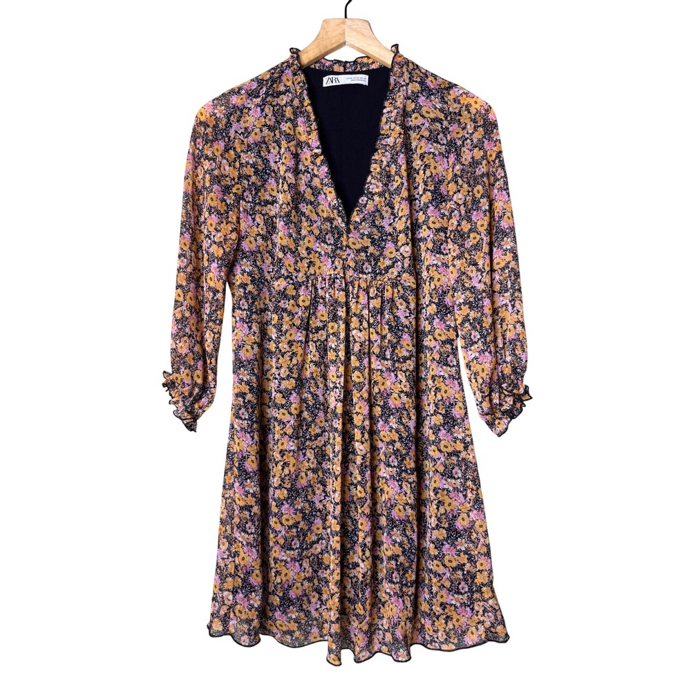 Zara Women XS Floral V-Neck Ruffle Mini Dress Long Sleeve Boho Black Yellow Pink